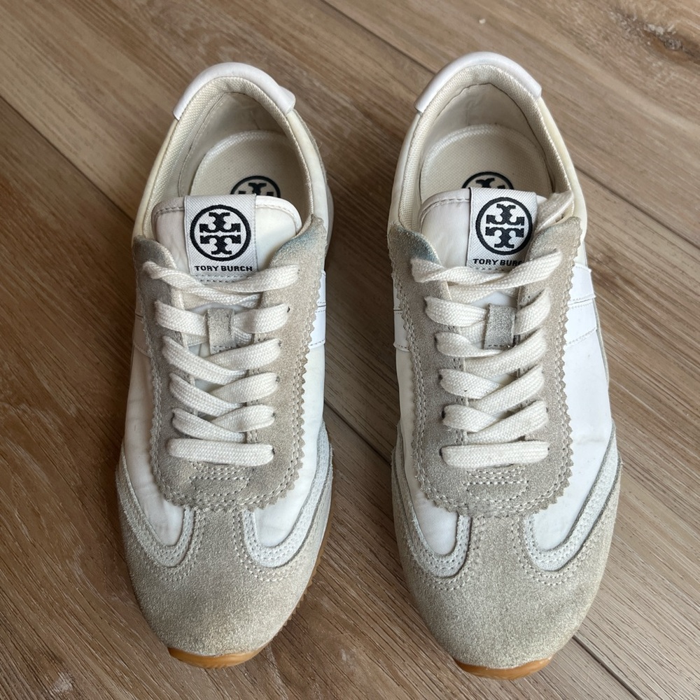 Tory Burch Cream and Tan Suede-Trim Low Top Sneakers